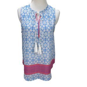 New Neiman Marcus Le Lis Long Sleeveless Slit Tie Neck Contrast Print Top